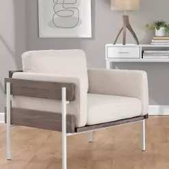 Ivory Upholstered Gray Wood Accent Chair