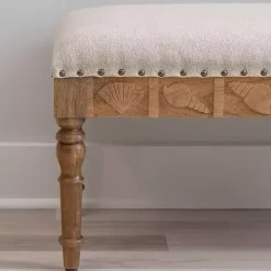 Ivory Upholstered Seashell Wood Bench