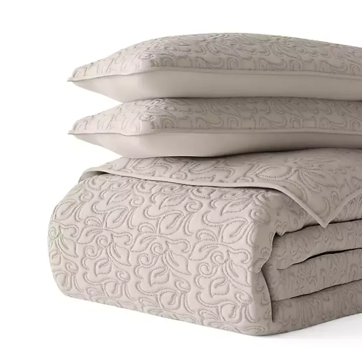 Latte Floral Stitch 3-pc. Queen Quilt Set