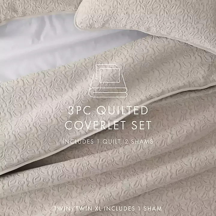Latte Floral Stitch 3-pc. Queen Quilt Set