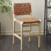 Light Brown Woven Leather Wooden Counter Stool
