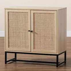 Light Wood and Rattan 2-Door Cabinet