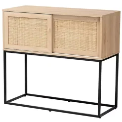 Light Wood and Rattan Sliding Door Cabinet