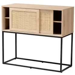 Light Wood and Rattan Sliding Door Cabinet