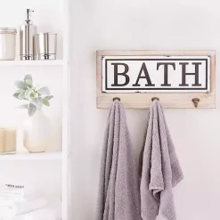 Metal and Wood Bath Sign with Hooks