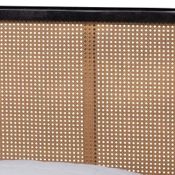 Mid-Century Black Wood Rattan Queen Platform Bed