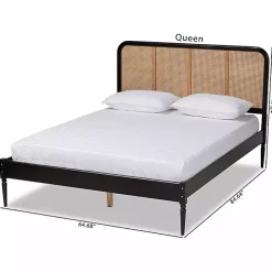 Mid-Century Black Wood Rattan Queen Platform Bed