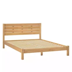 Natural Pine Wood Slatted Headboard Queen Bed