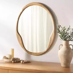 Natural Wood Abstract Oval Wall Mirror