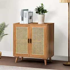 Natural Wood and Rattan 2-Door Cabinet