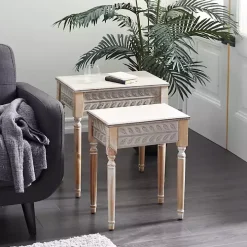 Natural Wood Carved Leaf Accent Tables, Set of 2