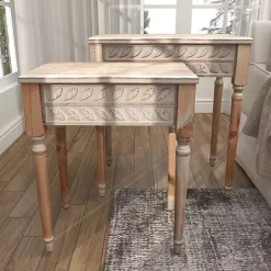 Natural Wood Carved Leaf Accent Tables, Set of 2