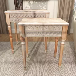 Natural Wood Carved Leaf Accent Tables, Set of 2