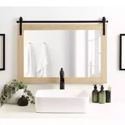 Natural Wood Metal Barn Door Wall Mirror