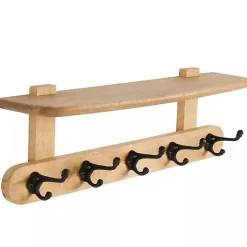 Natural Wood Wall Shelf with Hooks