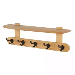 Natural Wood Wall Shelf with Hooks
