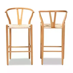 Natural Wood Woven Yarn Seat Bar Stools, Set of 2