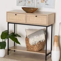 Natural Woven Rattan 2-Drawer Console Table