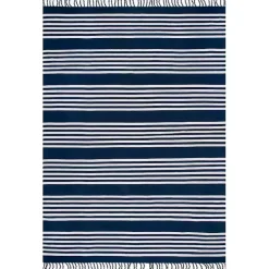 Navy Blue Striped Tassel Cotton Area Rug, 8x10