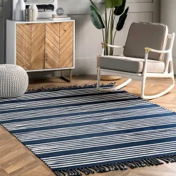 Navy Blue Striped Tassel Cotton Area Rug, 8x10