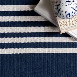 Navy Blue Striped Tassel Cotton Area Rug, 8x10