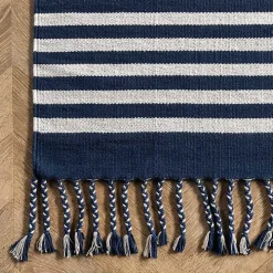 Navy Blue Striped Tassel Cotton Area Rug, 8x10