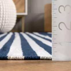 Navy Blue Striped Tassel Cotton Area Rug, 8x10