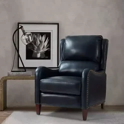 Navy Leather Nailhead Traditional Recliner