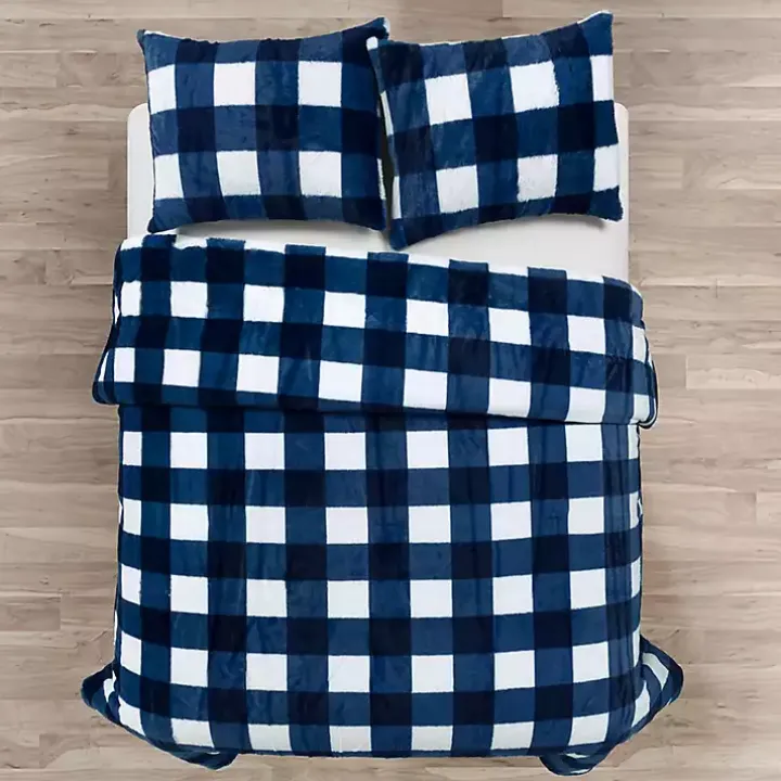 Navy Plaid Faux Fur 3-pc. King Comforter Set