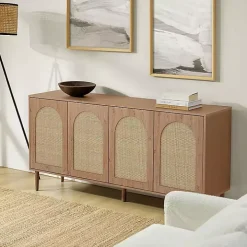 Oak and Natural Rattan 4-Door Sideboard
