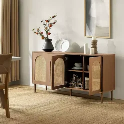 Oak and Natural Rattan 4-Door Sideboard