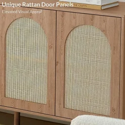Oak and Natural Rattan 4-Door Sideboard