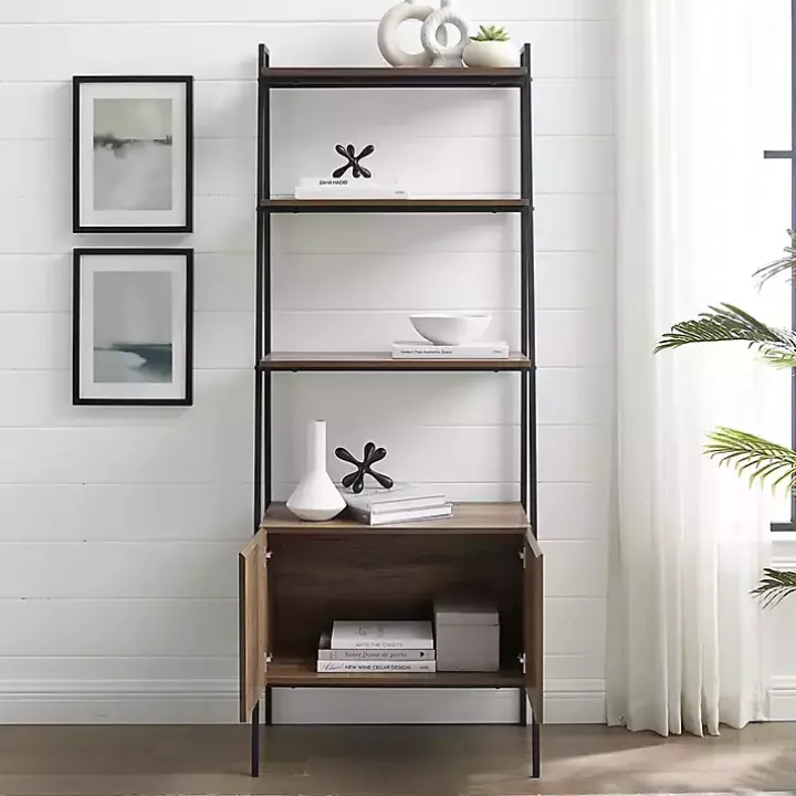 Reclaimed Wood Modern Ladder Bookcase with Cabinet