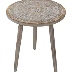 Round Antique Gray Engraved Accent Table