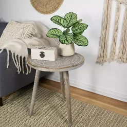 Round Antique Gray Engraved Accent Table