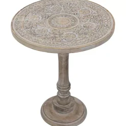 Round Antique Gray Etched Pedestal Accent Table