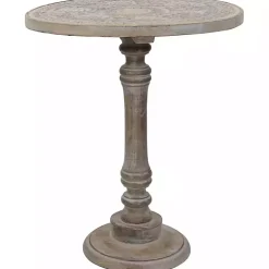 Round Antique Gray Etched Pedestal Accent Table