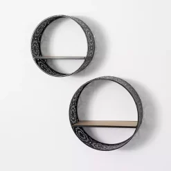 Round Boho Black Metal Wall Shelves, Set of 2