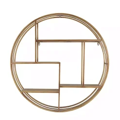 Round Bronze Metal and Tiered Wood Wall Shelf