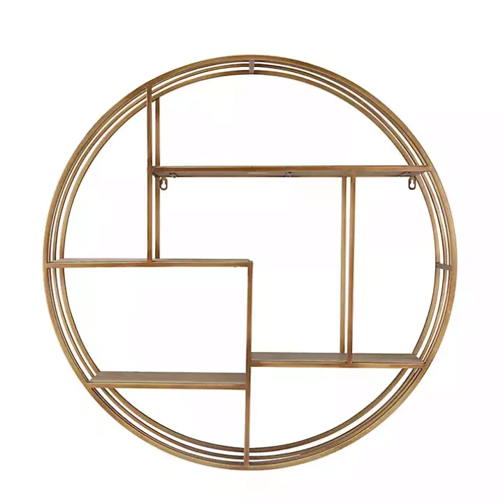Round Bronze Metal and Tiered Wood Wall Shelf