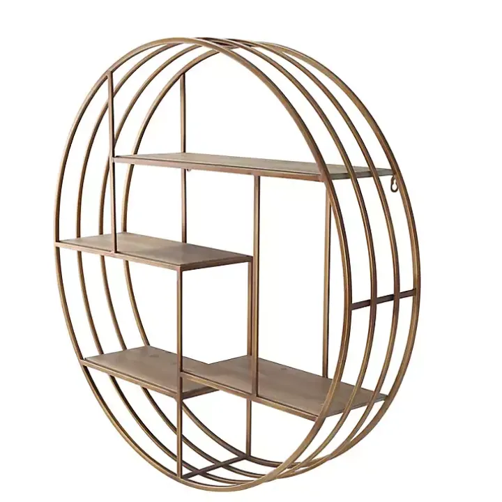 Round Bronze Metal and Tiered Wood Wall Shelf