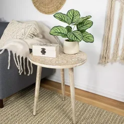 Round Brushed White Engraved Accent Table