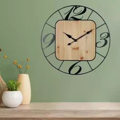 Round Metal & Square Wood Wall Clock