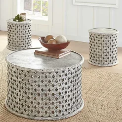 Round White Wood Lattice Accent Table