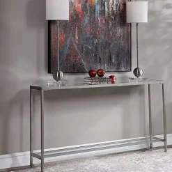 Silver Metal Mirrored Top Slim Console Table