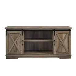 Sliding Barn Door Open Shelf Gray Wash TV Stand