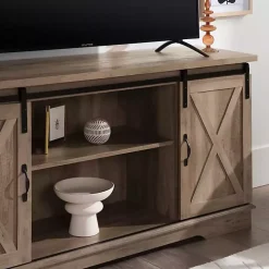 Sliding Barn Door Open Shelf Gray Wash TV Stand