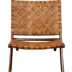 Solid Teak and Genuine Brown Leather Lounge Chair
