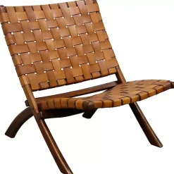 Solid Teak and Genuine Brown Leather Lounge Chair