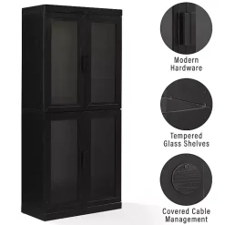 Tall Black Wood and Glass Door Storage Cabinet